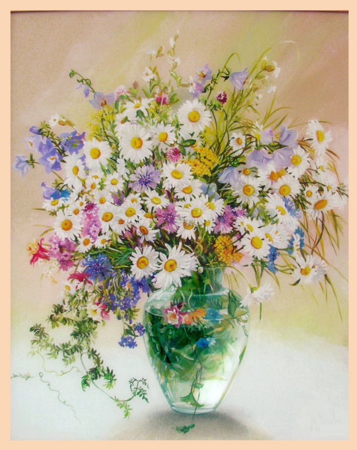 полевые цветы в вазе - ромашки, ваза, цветы, натюрморт, колокольчики - оригинал