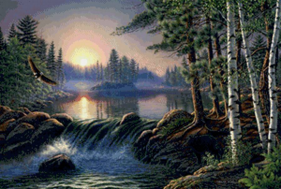 рассвет над водопадом - орел, рассвет, природа, водопад, пейзаж, лес - предпросмотр