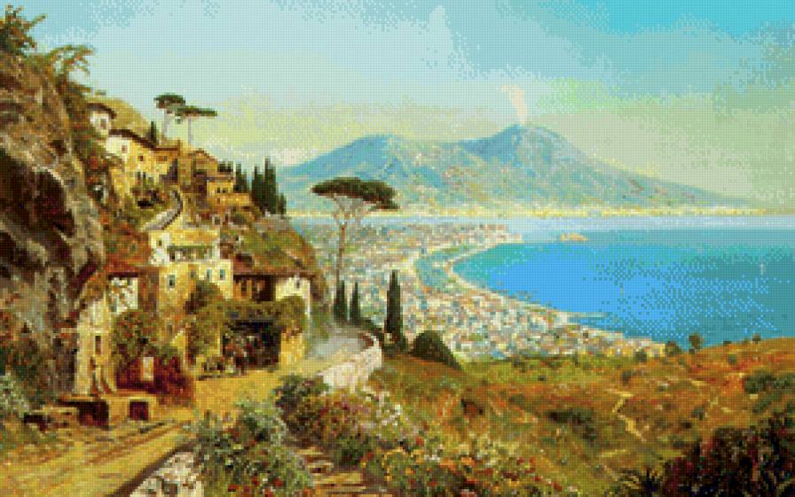 городок у моря - лето, пейзаж, лодки, живопись, гавань, горы, жара, город - предпросмотр