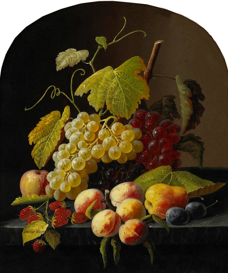 панно с виноградом и персиками - панно, кухня, гобелен, еда, виноград, фрукты, персики - оригинал