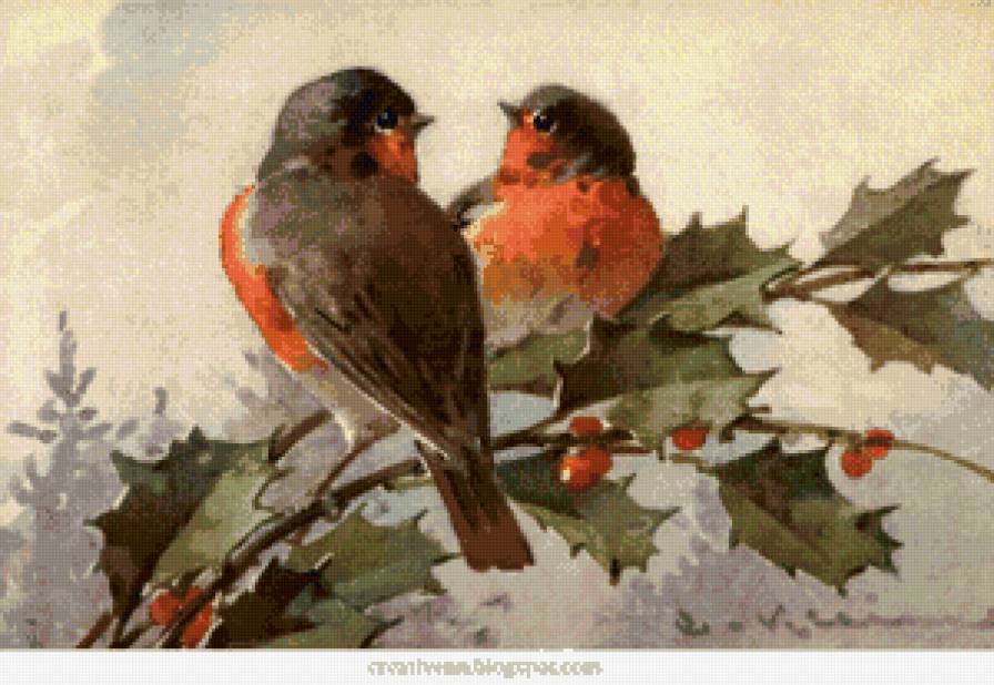 две птички - птица, ягоды, пара, рябина - предпросмотр