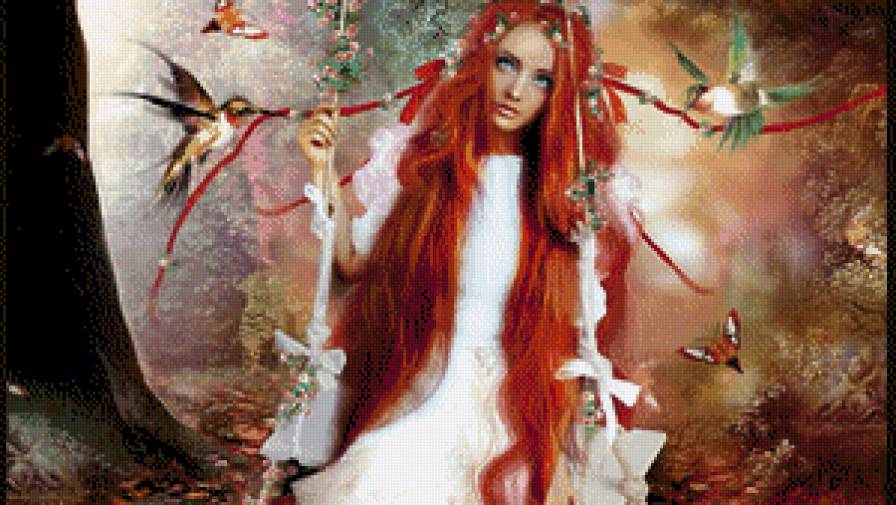 Девушка рыжая, лес, деревья, птиц - предпросмотр