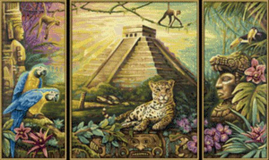 загадочный мир - хищник, триптих, гепард, зверь, деревья, лес, здание, полиптих - предпросмотр