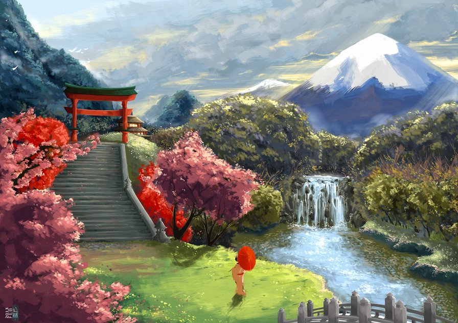 японский пейзаж - арт, восток, пейзаж, фудзияма, водопад, япония, природа, мост - оригинал