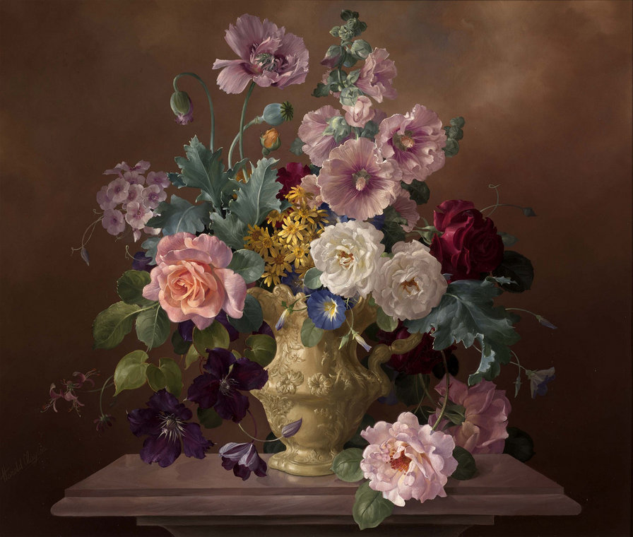 цветочный натюрморт - гобелен, цветы, ваза, букет, живопись, натюрморт - оригинал