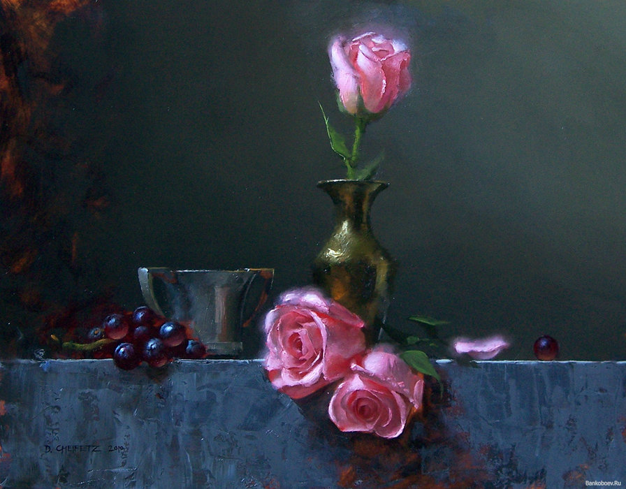 натюрморт с розами - фрукты, ваза, розы, цветы, живопись, виноград, натюрморт - оригинал