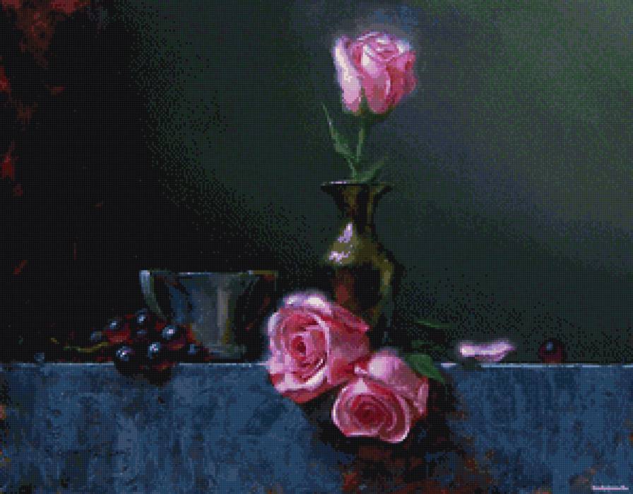 натюрморт с розами - розы, живопись, натюрморт, фрукты, цветы, виноград, ваза - предпросмотр