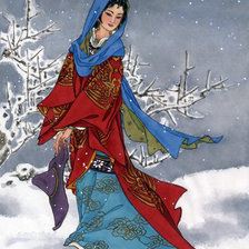 Девушка из Китая. Платье из красного и синего шелка