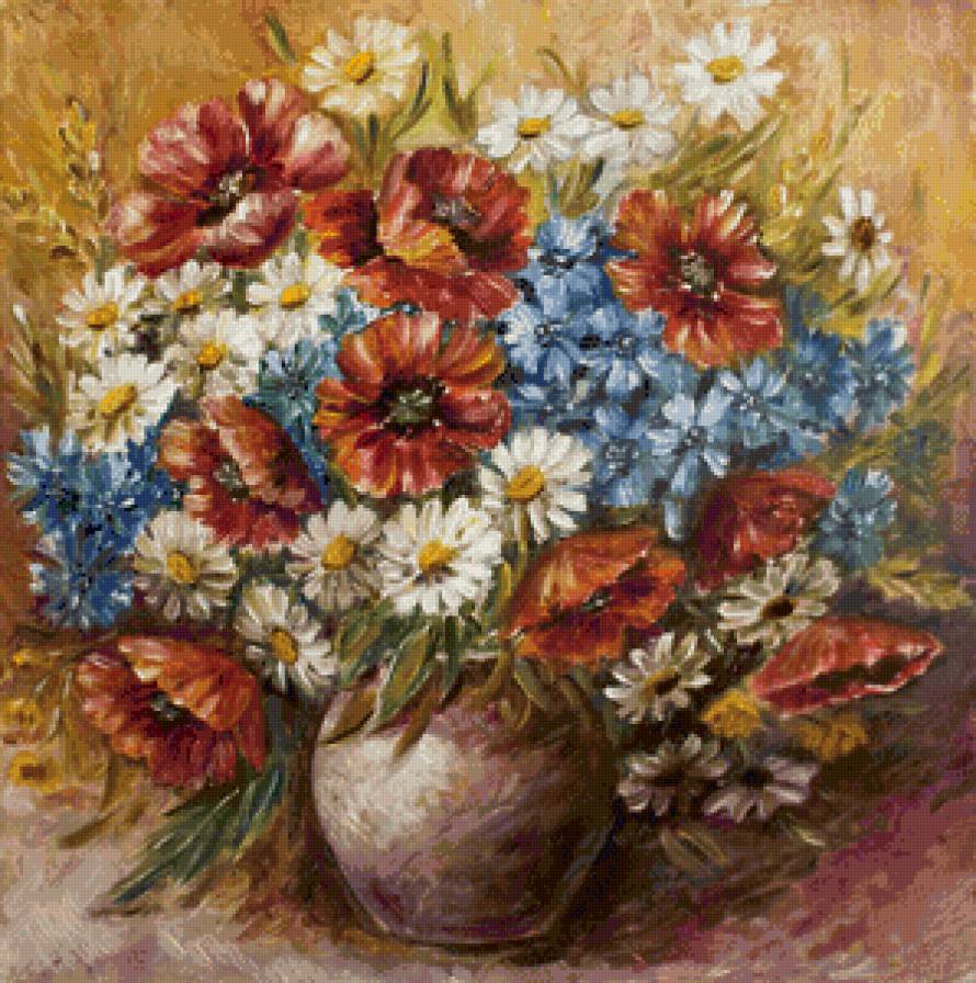 полевые цветы в вазе - ваза, ромашки, колокольчики, маки, цветы, букет, живопись - предпросмотр