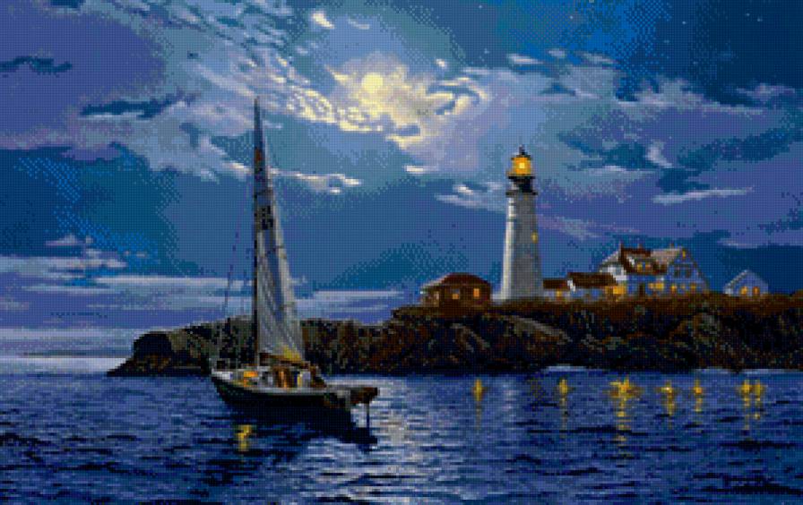 лунная ночь над морем - луна, акварель, ночь, маяк, море, парусник - предпросмотр