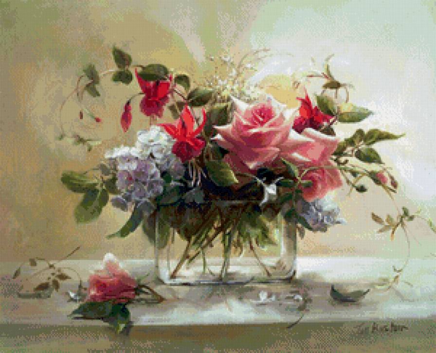 розы в стеклянной вазе - ваза, роза, фуксия, живопись, цветы, натюрморт, букет - предпросмотр