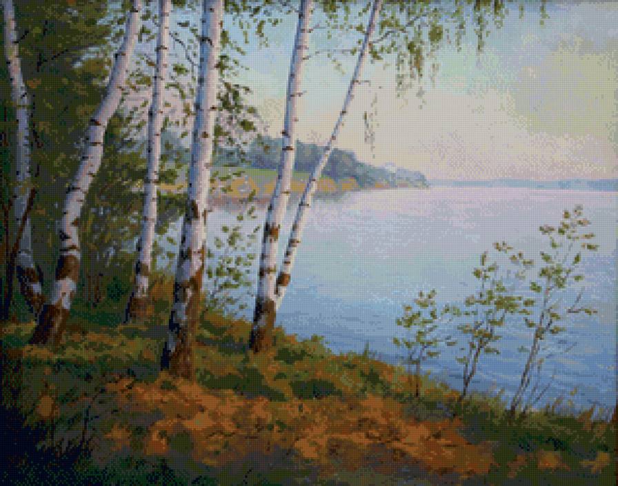 вечер над рекою - закат, лето, березы, пейзаж, природа, река, живопись, вечер - предпросмотр