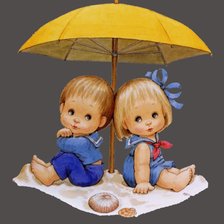 Под зонтом, мальчик и девочка