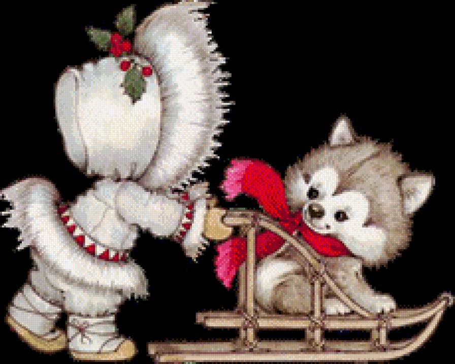 Зима. Ребенок и щенок - щенок, зима, ребенок, санки - предпросмотр