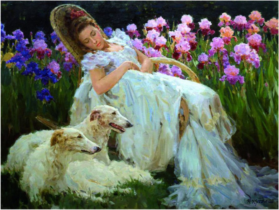 №881122 - собаки, девушка, цветы, сон - оригинал