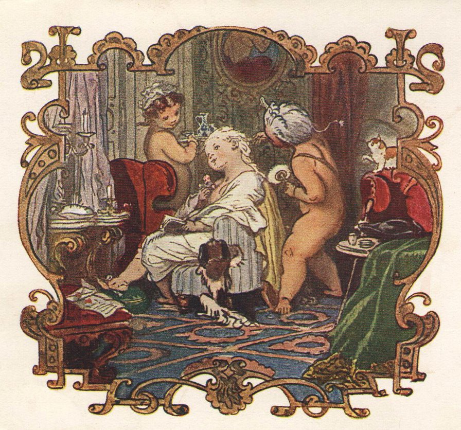 старая открытка "Утренний туалет" - винтаж, картина, ретро - оригинал