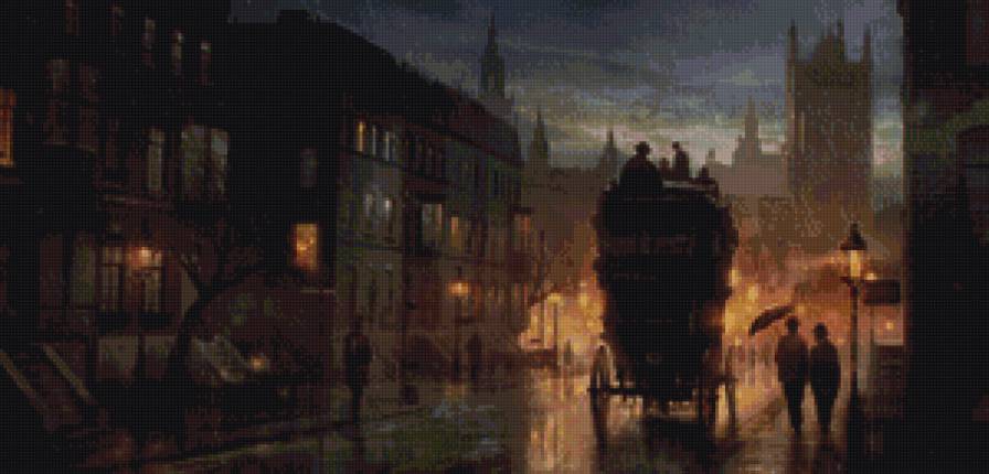 дождливый вечер в праге - сумерки, живопись, пейзаж, карета, прага, город, дождь - предпросмотр
