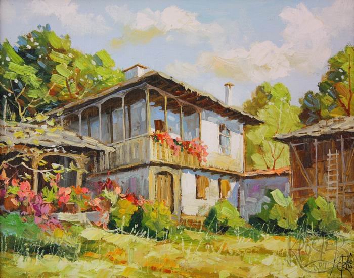 Юлиан Кръстев. Двор от Старо стефаново - дом в деревне, пейзаж, деревня, лето - оригинал