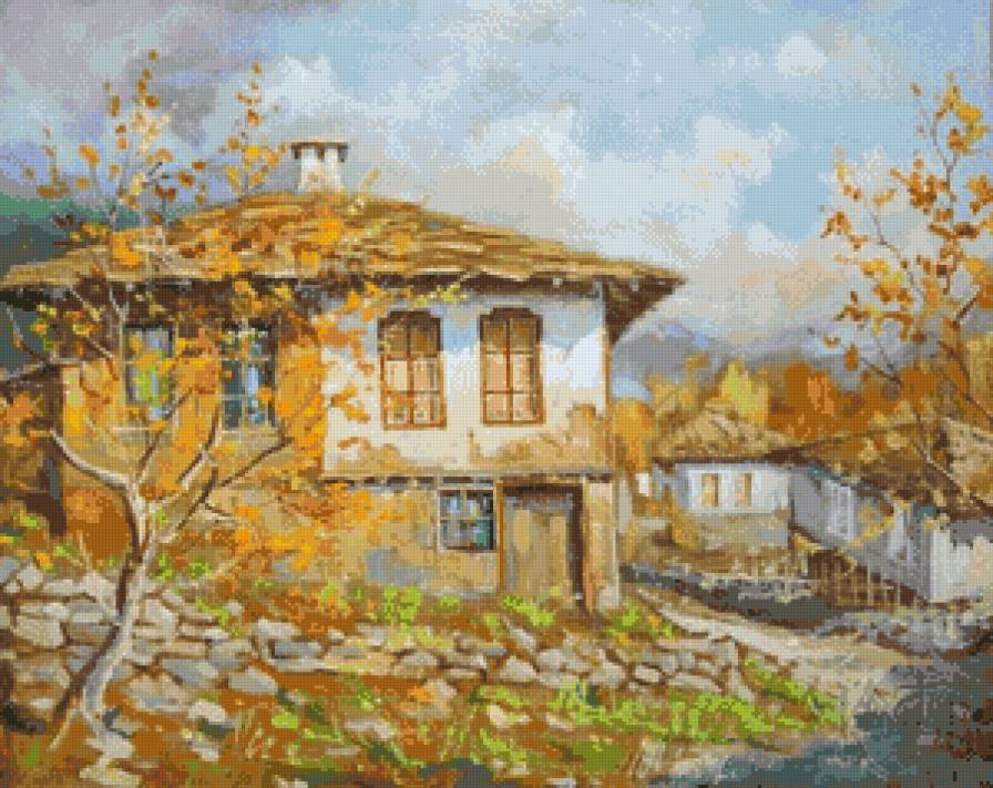 Юлиан Кръстев. Есен в Старо Стефаново - пейзаж, дом в деревне, осень, деревня - предпросмотр
