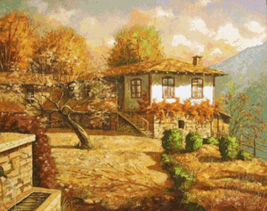 Юлиан Кръстев. Есенни багри - деревня, дом в деревне, пейзаж, осень - предпросмотр