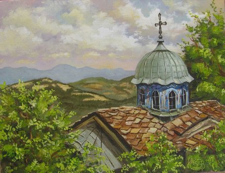 Юлиан Кръстев. Между Небето и Земята (Соколски манастир) - церковь, лето, пейзаж, деревня - оригинал