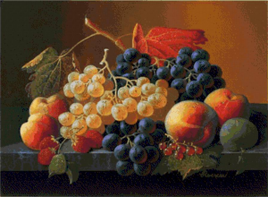 Виноград и персики - натюрморт, виноград, фрукты, персики - предпросмотр