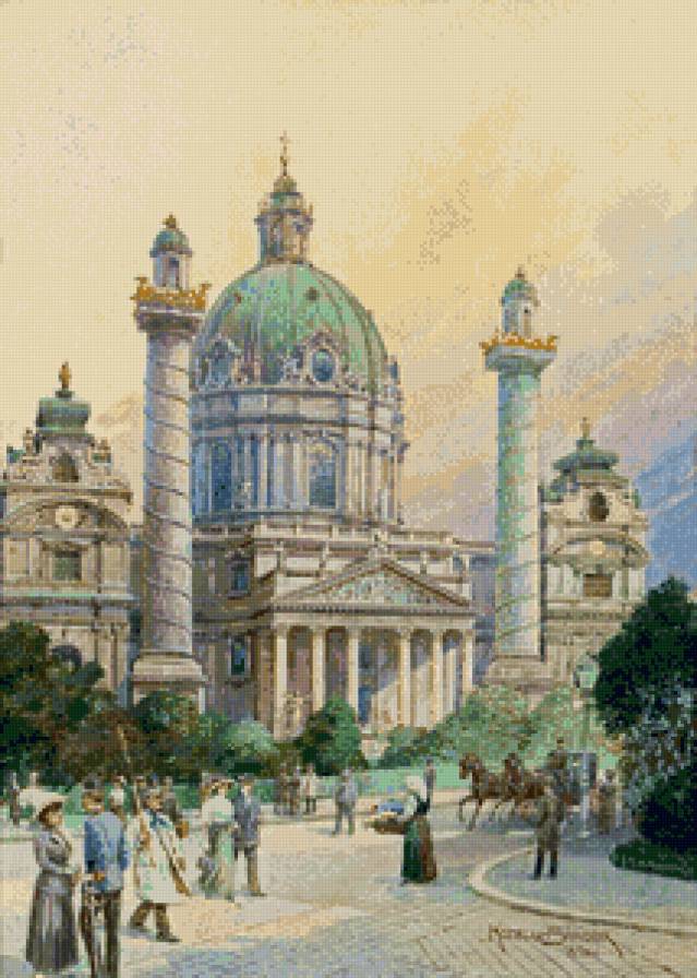 городской пейзаж - здание, город, лето, графика, живопись, пейзаж - предпросмотр