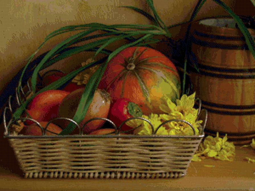 натюрморт с тыквой - еда, бочка, натюрморт, фрукты, цветы, тыква, кухня - предпросмотр
