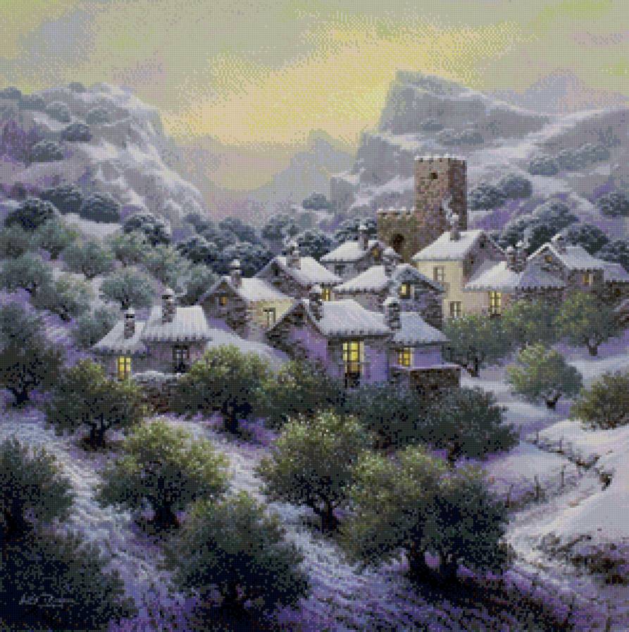 деревня в оливковом саду - горы, вечер, оливки, сумерки, италия, сад, деревня - предпросмотр