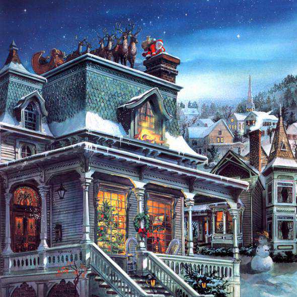 рождественская работа - рождество, снег, ночь, новый год, животные, зима, дед мороз, дом - оригинал