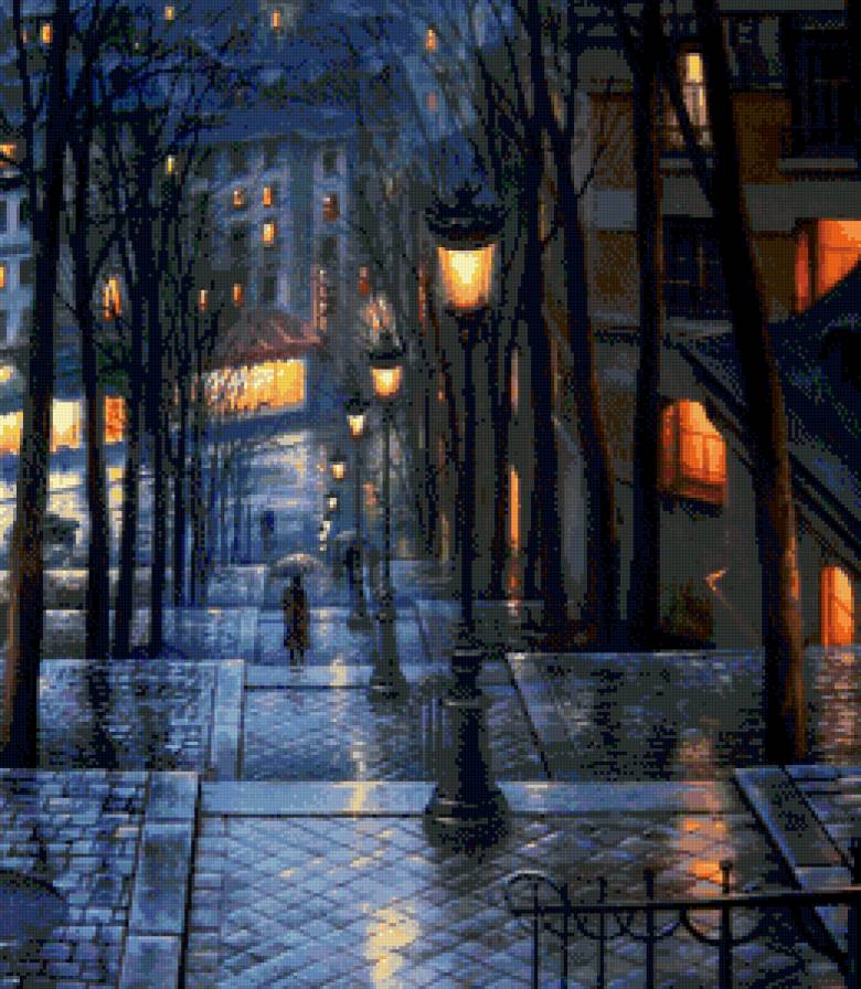 дождливый вечер в городе - фонари, сумерки, вечер, дождь, пейзаж, лестница, город - предпросмотр