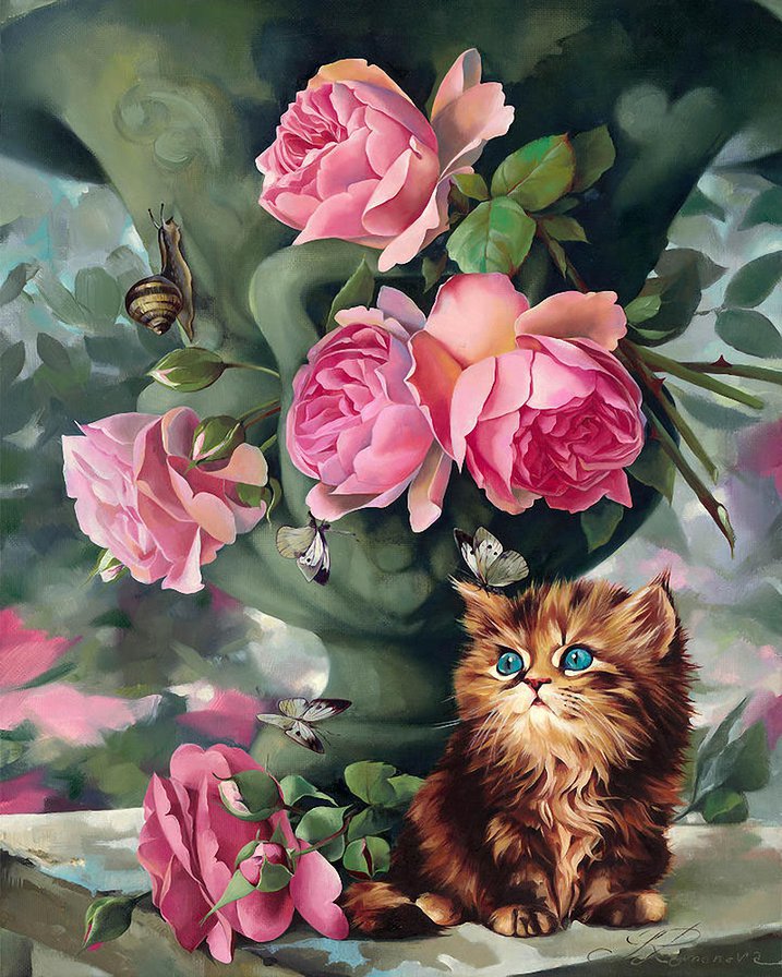 котёнок под розами - кот, котенок, , бабочки, живопись, цветы, кошка, натюрморт, розы - оригинал