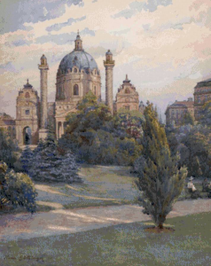 городской пейзаж - живопись, графика, здание, пейзаж, город, лето - предпросмотр