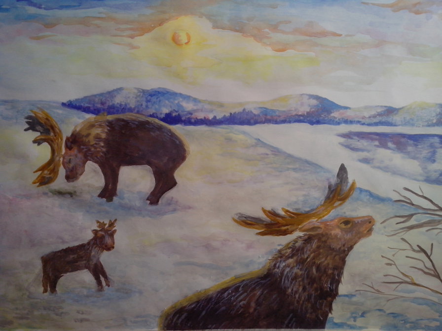 Семья оленей - снег, горы, солнце, олени - оригинал