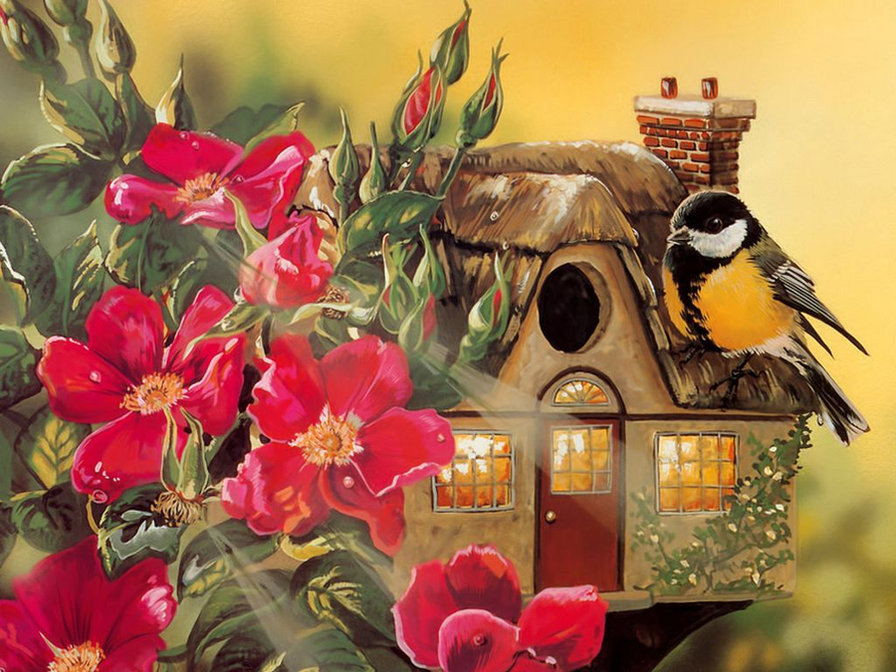 птичка, домик и цветы - мечта, домик, цветы, картина, птица - оригинал
