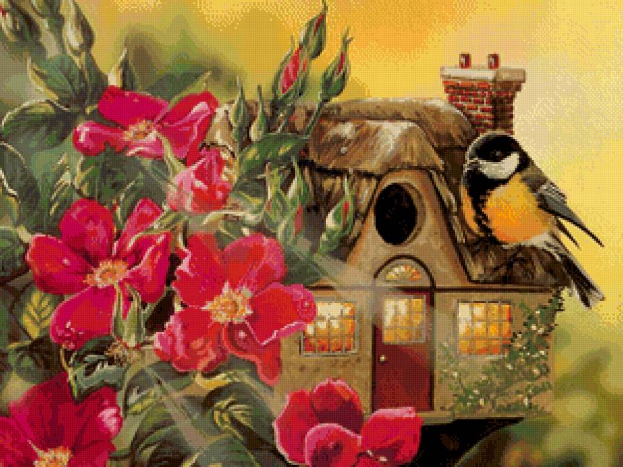 птичка, домик и цветы - мечта, картина, цветы, птица, домик - предпросмотр