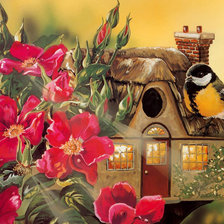 птичка, домик и цветы
