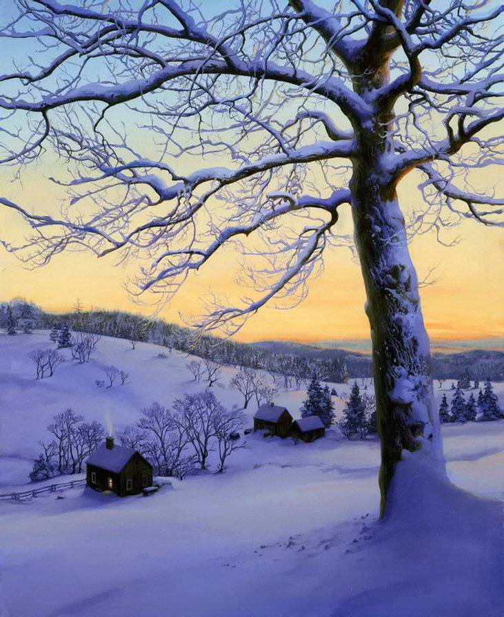 зимний вечер - вечер, снег, зима, арт, живопись, природа, дерево - оригинал