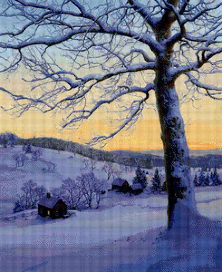 зимний вечер - арт, живопись, дерево, снег, вечер, зима, природа - предпросмотр