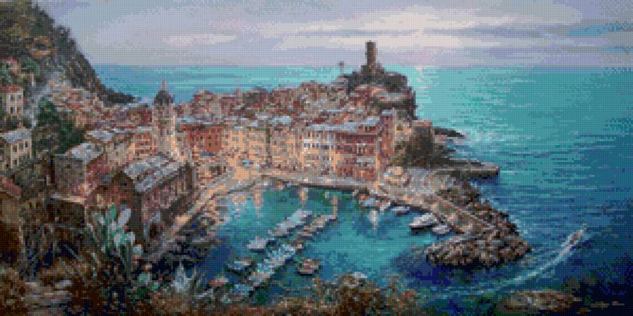 морской городок - природа, живопись, море, лето, пейзаж, город, жара, горы, берег - предпросмотр