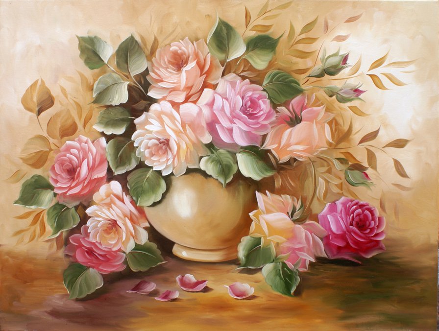 нежные розы в вазе - цветы, ваза, натюрморт, розы, букет, живопись - оригинал