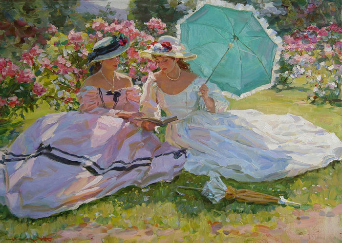 отдых - девушки, картина, отдых, природа, лето, зонтики - оригинал