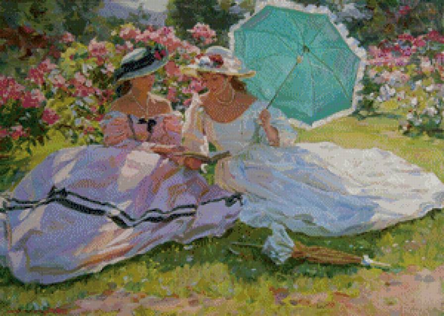 отдых - природа, картина, лето, отдых, девушки, зонтики - предпросмотр