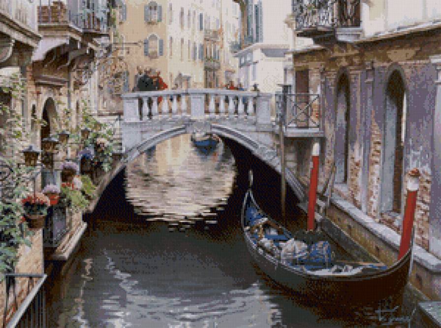 венецианский мост - пейзаж, гондола, италия, город, живопись, мост, венеция - предпросмотр