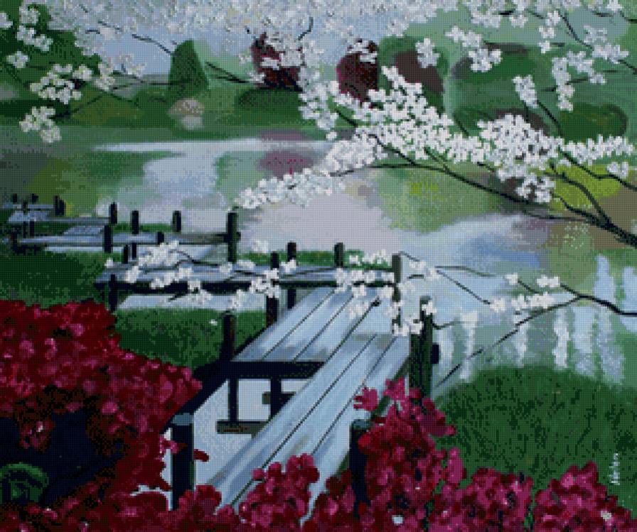 японский сад - природа, арт, япония, восток, весна, мост, пейзаж, река, сакура - предпросмотр