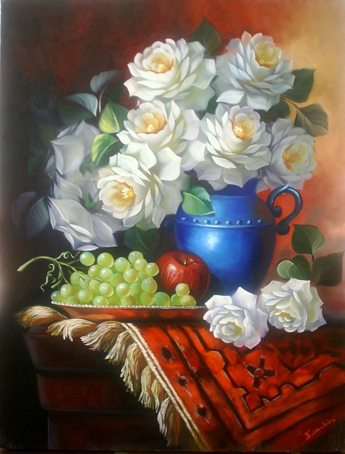 белые розы в синей вазе - роза, цветы, фрукты, живопись, ваза, виноград, букет, натюрморт - оригинал