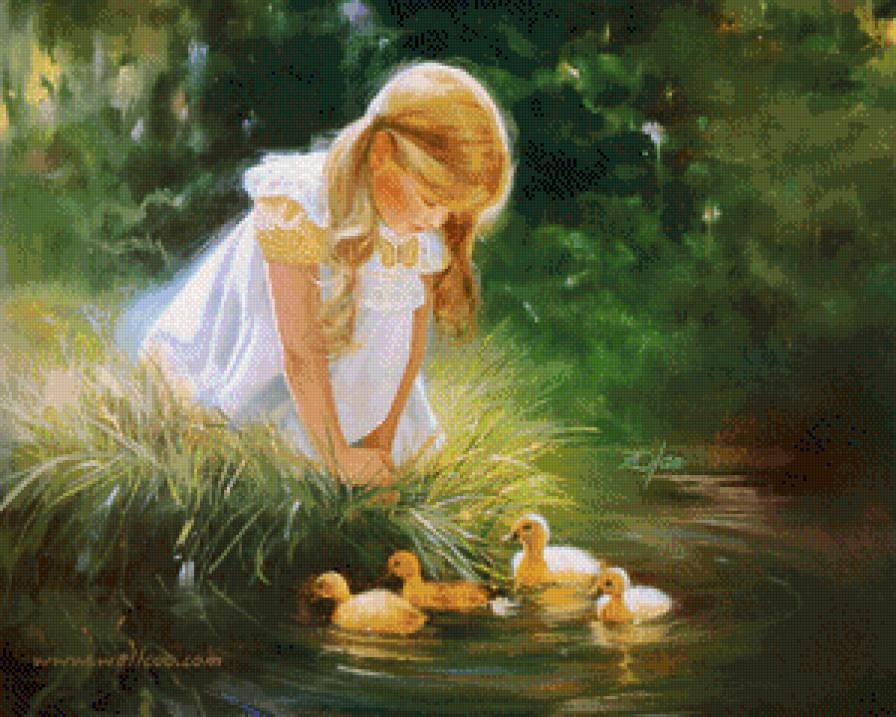 Малышка с утятами - ребенок, девочка, пруд, утки - предпросмотр