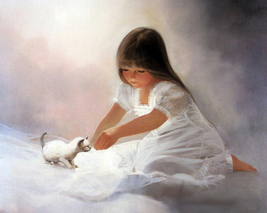 Девочка с котенком - ребенок, девочка, котенок - оригинал