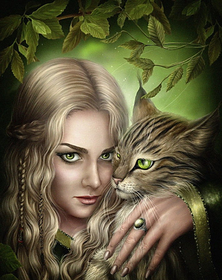 девушка с котом - девушка, кот, зелень - оригинал