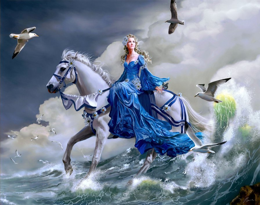 девушка на белом коне - фентези, лошадь, конь, всадница, девушка, волны - оригинал